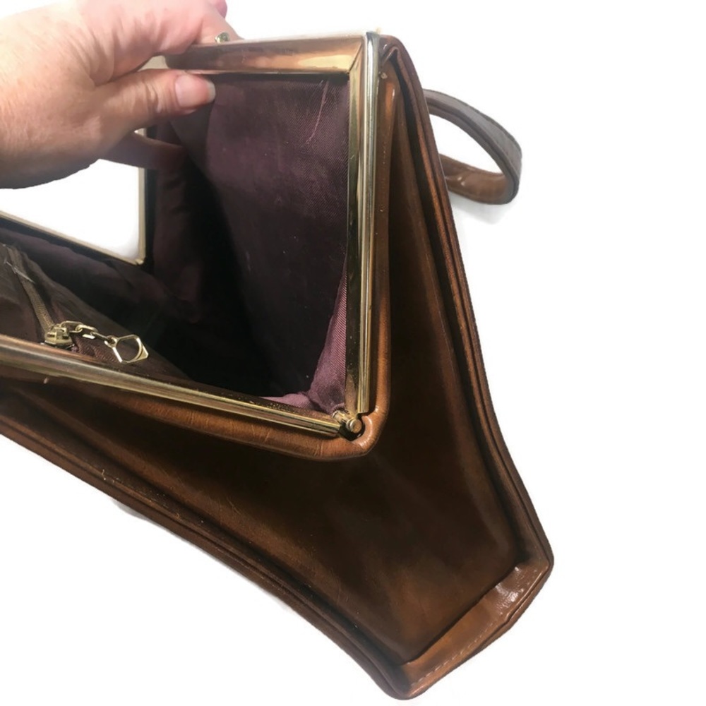 Vintage Brown Tan Handbag Brass Frame Purse Top Clasp - Picture 5 of 8